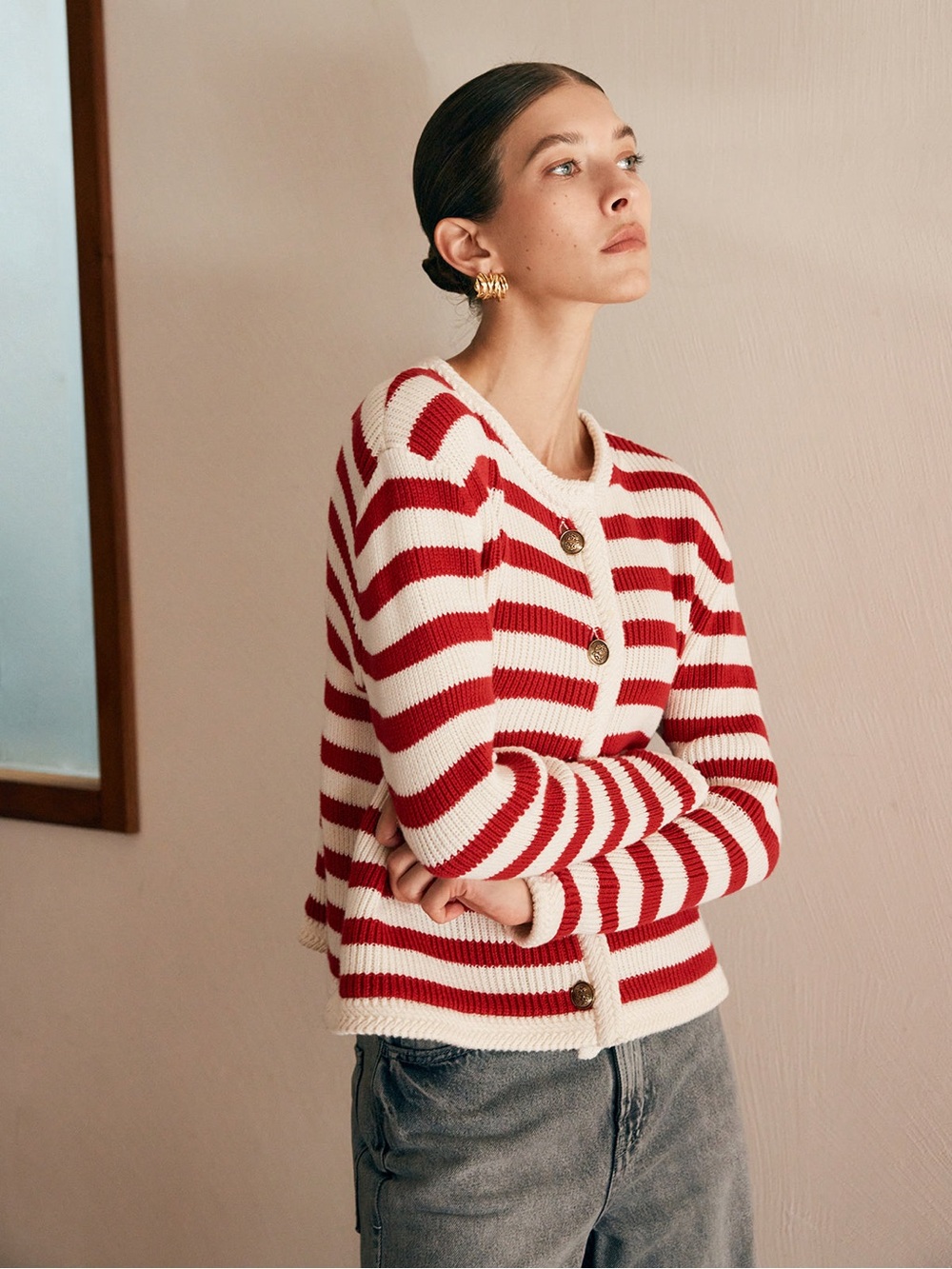 Striped Red & White Button-Front Women's Cardigan Sweater